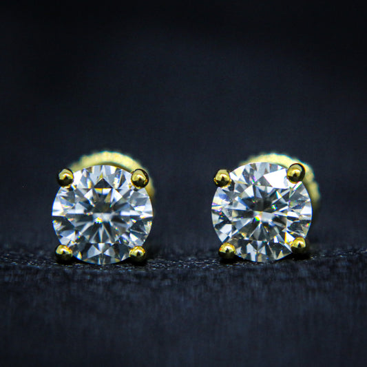 VVS Moissanite Round Cut Stud Earrings - Gold over 925 Silver