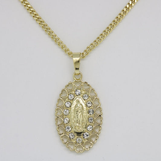 Virgin mary w/ Hearts and Stones Necklace - Gold