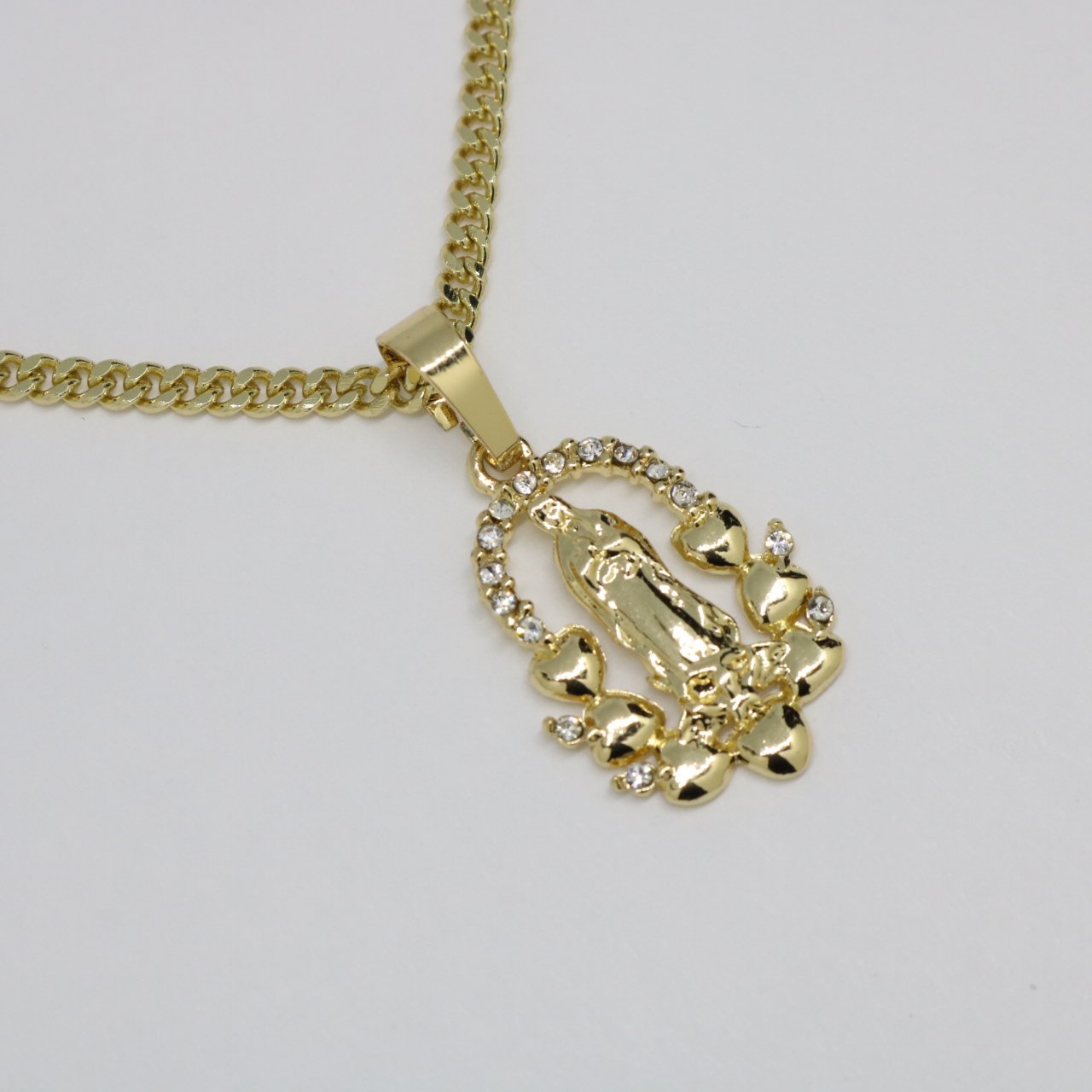 Virgin Mary w/ Solid Hearts Necklace -  Gold