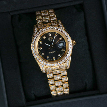 Iced Black Dial Huerta Watch - Gold