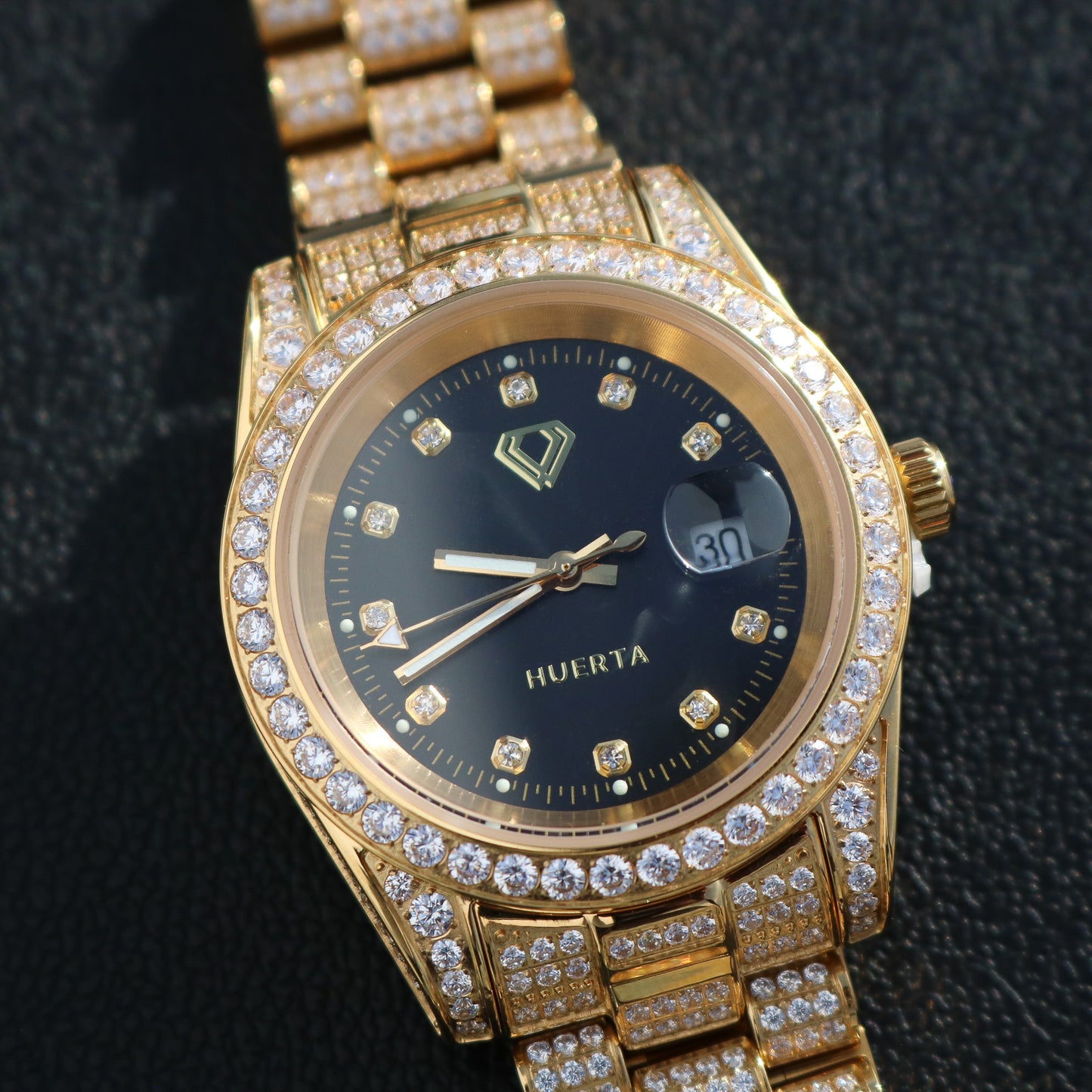 Iced Black Dial Huerta Watch - Gold