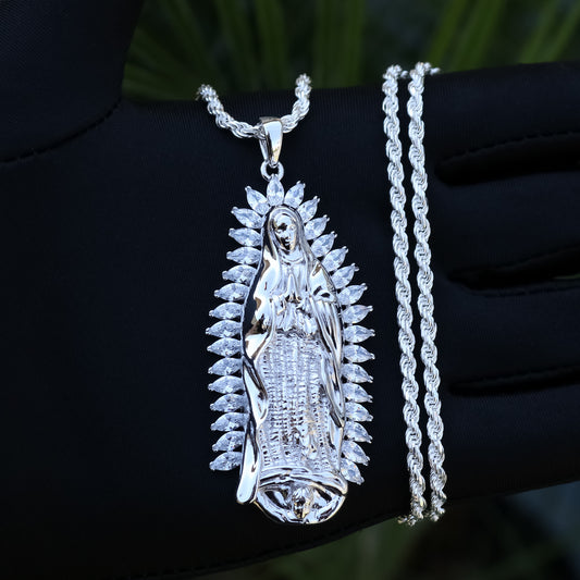 Large Marquise Diamond Lady of Guadalupe Pendant - 925 Silver