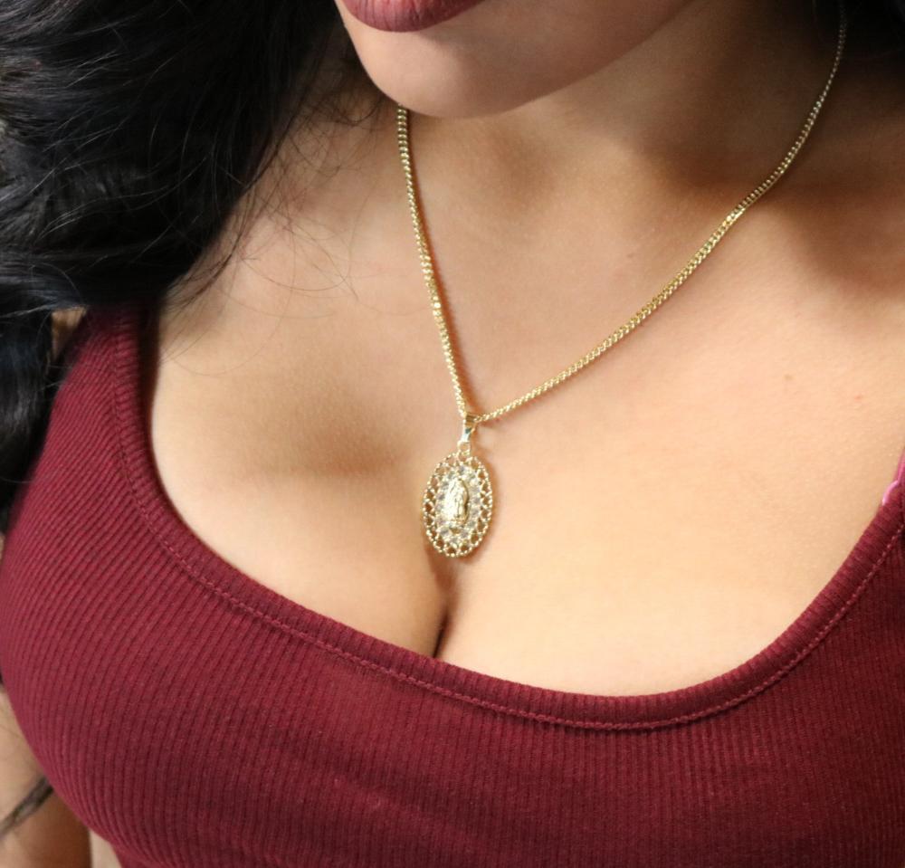 Virgin mary w/ Hearts and Stones Necklace - Gold