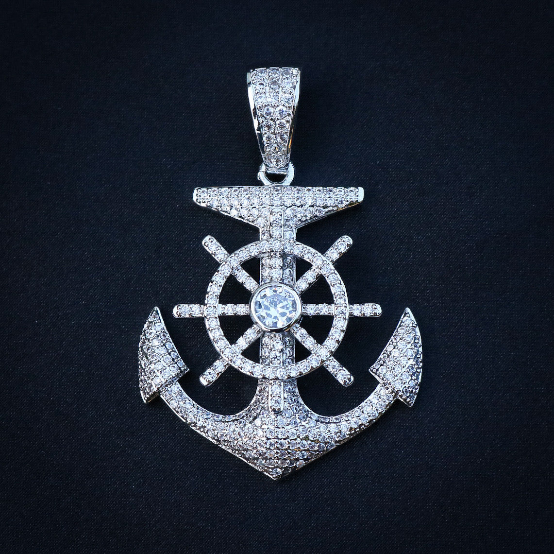 Iced Anchor Pendant - White Gold