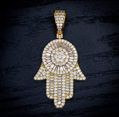 Large Fully Iced out Baguette Hamsah Pendant - Gold
