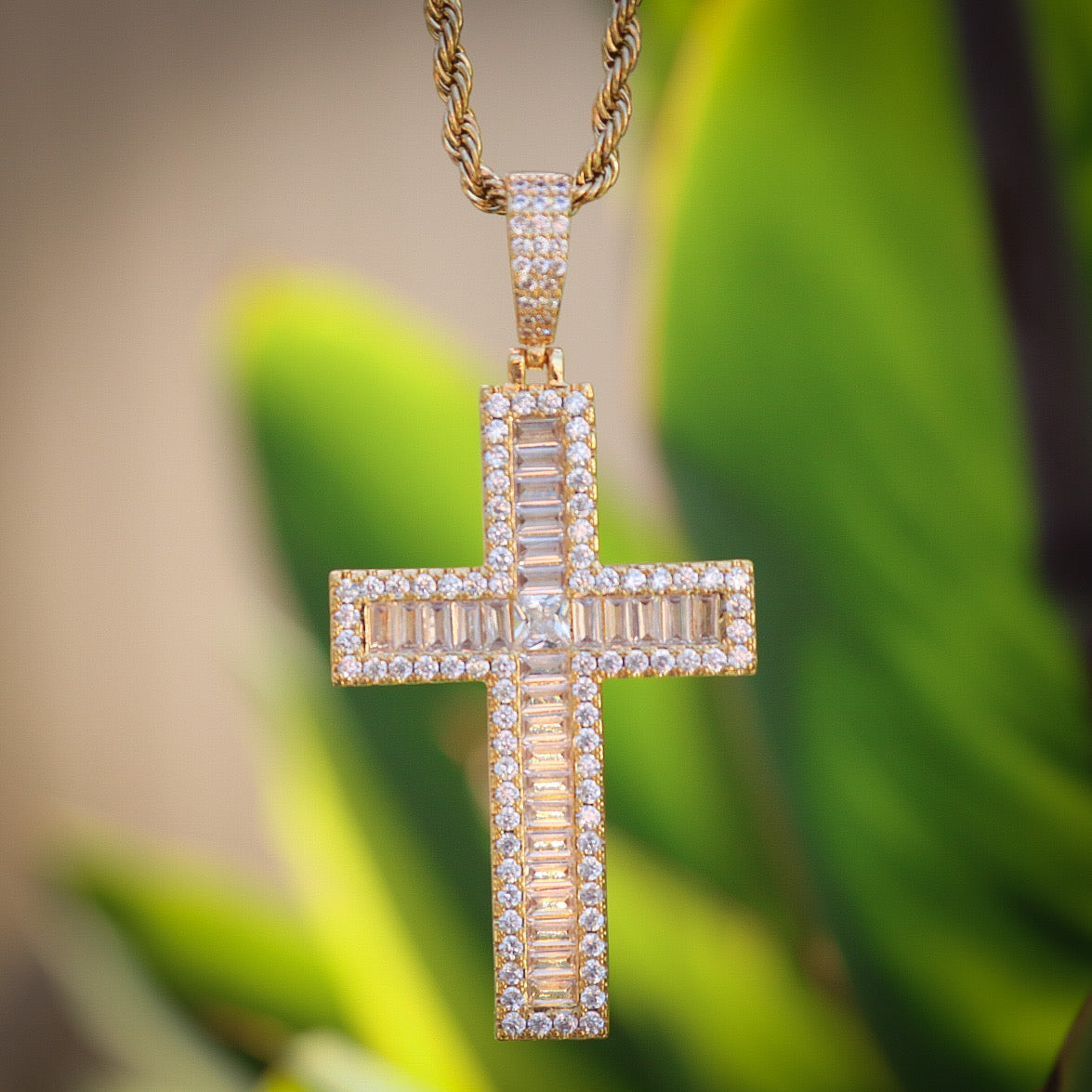 Iced out Baguette Cross Pendant - Gold