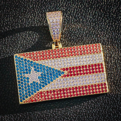 Iced Out Puerto Rico Flag Pendant - Gold