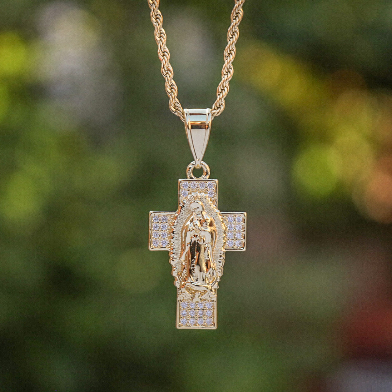 Virgin Mary Cross Necklace - Gold