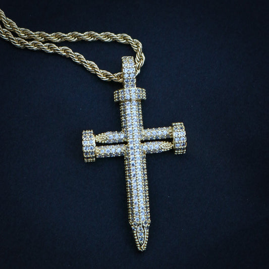 Iced Nail Cross Pendant - Gold