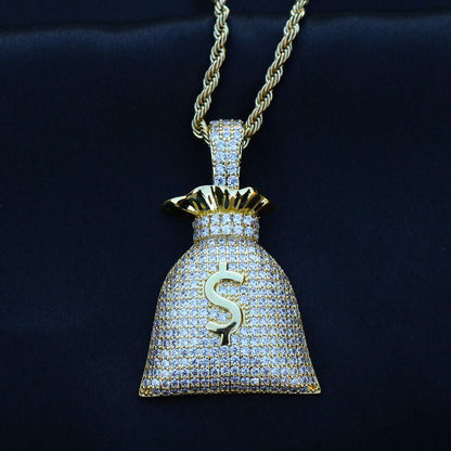 Iced Out Money Bag Pendant - Gold