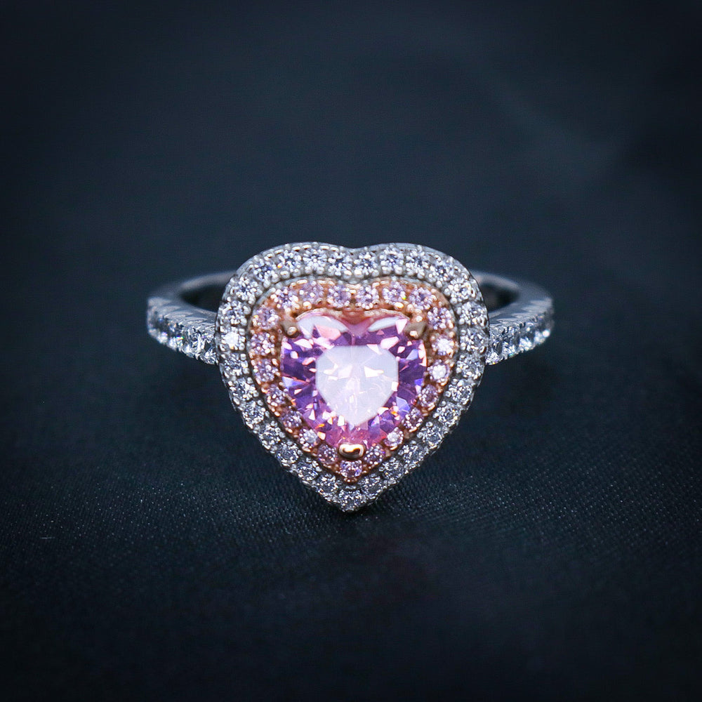 Pink Heart CZ Diamond 2 Tone Ring - 925 Silver