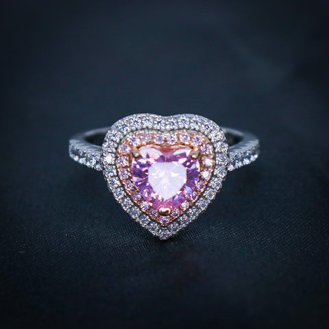 Pink Heart CZ Diamond 2 Tone Ring - 925 Silver
