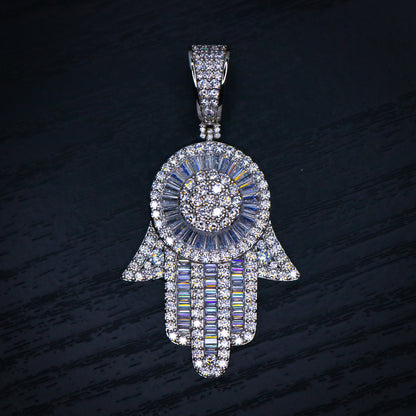 Large Fully Iced out Baguette Hamsah Pendant - White Gold