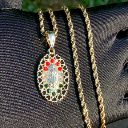 Virgin Mary Heart Bezel w/ Stones Necklace - Gold
