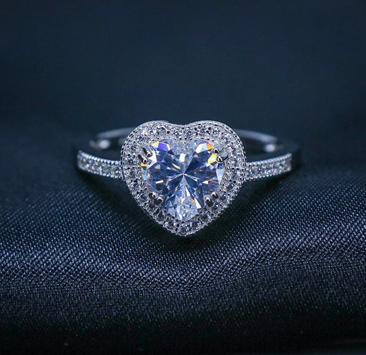 925 Silver - Halo Heart Cut CZ Diamond Ring