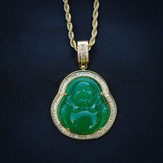 Green Buddha Baguette Pendant - Gold