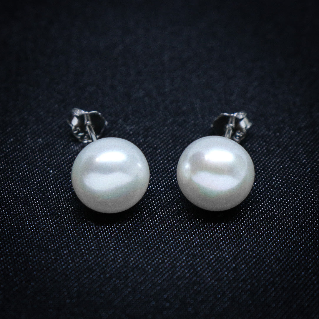 8mm White Round Freshwater Pearl Earrings - 925 Silver