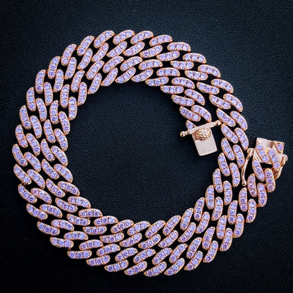 8mm Pink Iced out Cuban Necklace - Rose Gold