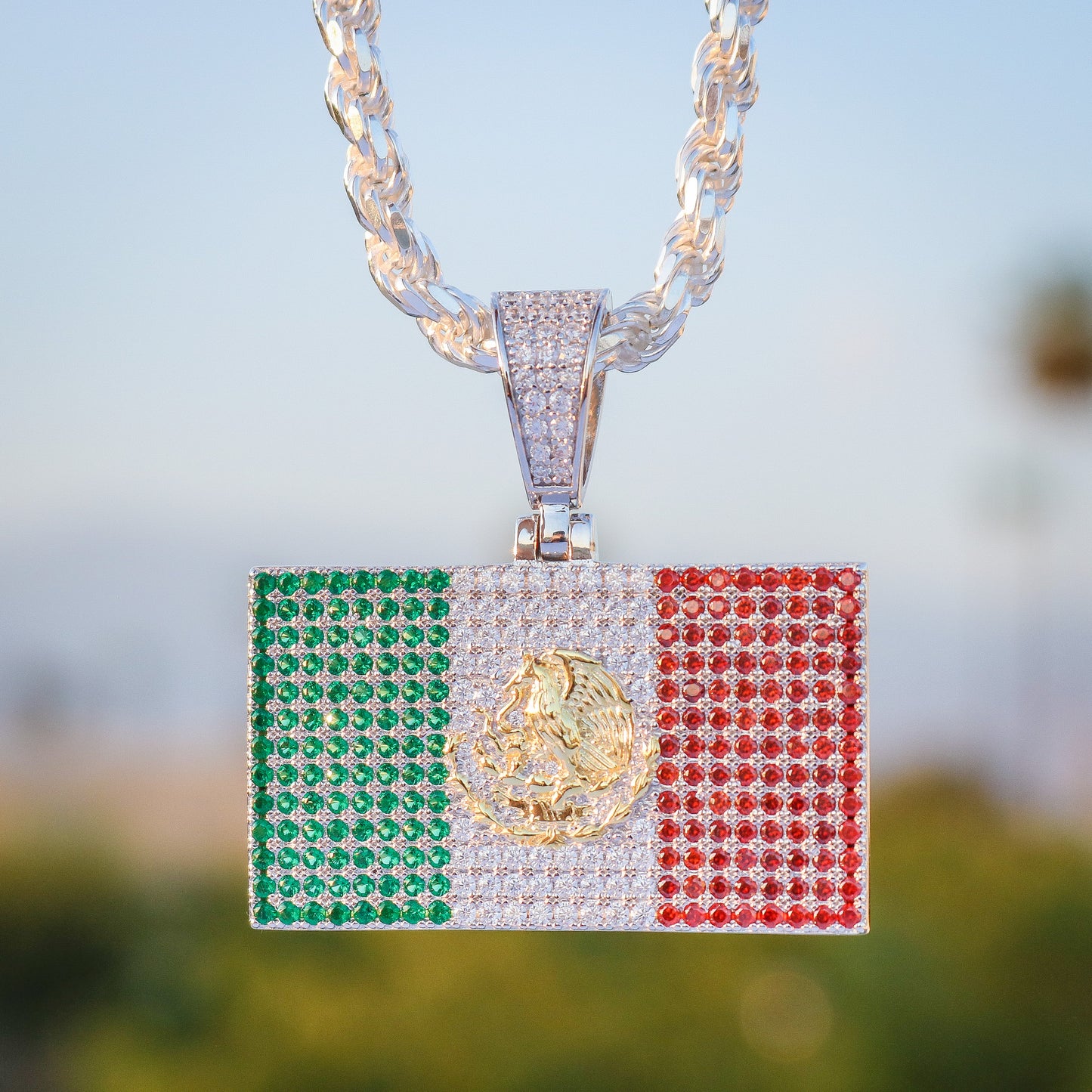 Iced Out Mexican Flag Pendant - Real 925 Silver – Huerta Jewelry