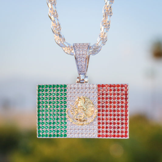 Iced Out Mexican Flag Pendant - 925 Silver