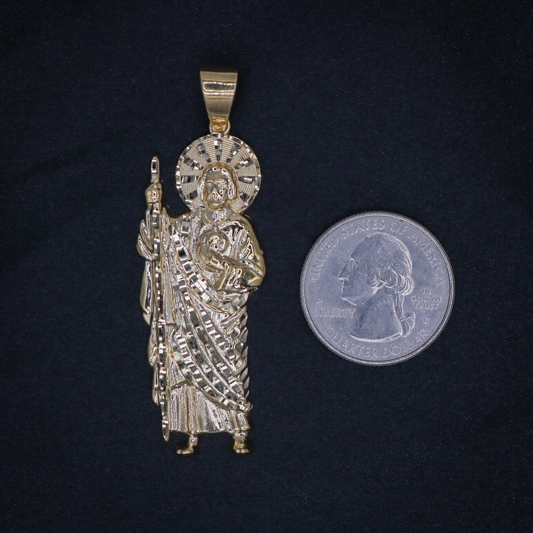Gold Layered Religious Pendant, San Judas and Greek Key – Just Looking Good