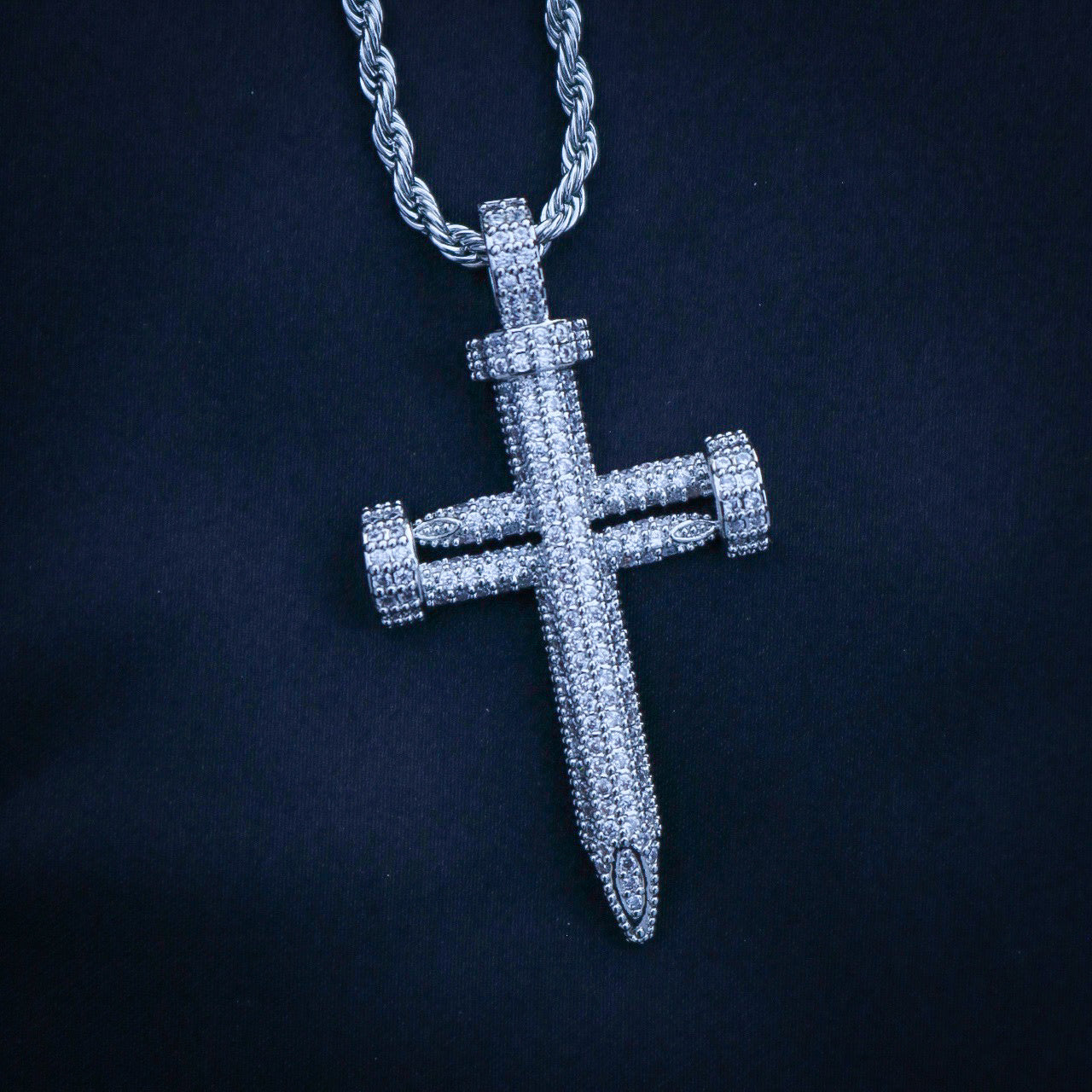 Iced Nail Cross Pendant - White Gold