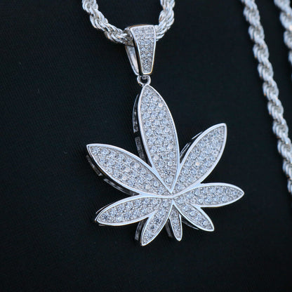 Iced Out Weed Leaf Pendant  - Real 925 Silver