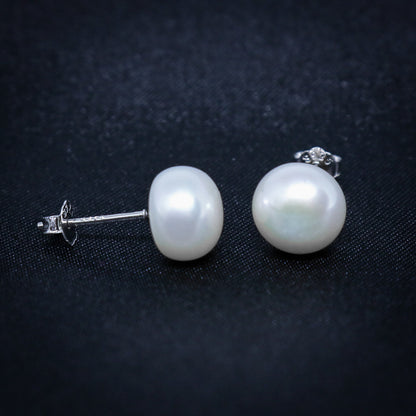 8mm White Round Freshwater Pearl Earrings - Real 925 Silver
