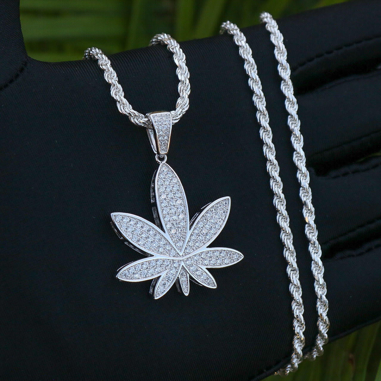 Iced Out Weed Leaf Pendant - Real 925 Silver