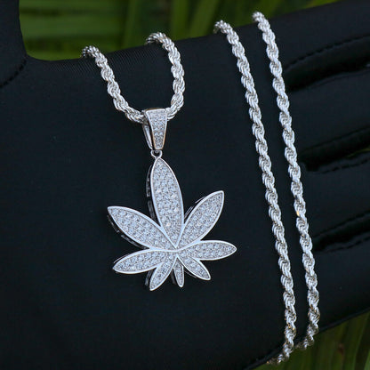 Iced Out Weed Leaf Pendant  - Real 925 Silver