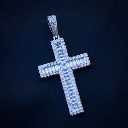 Iced out Baguette Cross Pendant - White Gold