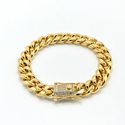 10mm Miami Cuban Bracelet with Iced Out Clasp - Gold
