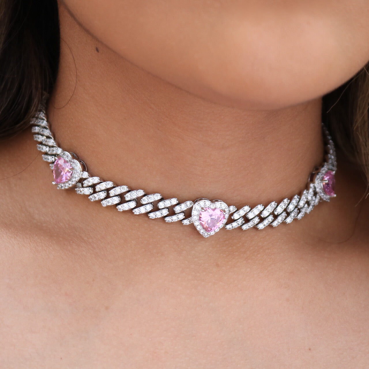 Chic CZ Inlaid Pink Diamond Duo Heart Necklace