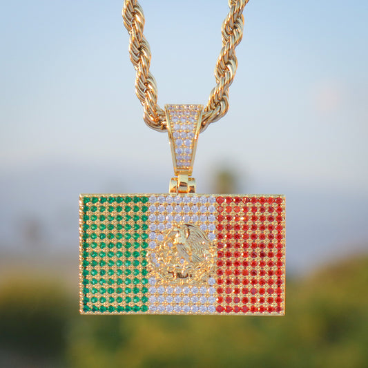 Iced Out Mexican Flag Pendant - Gold