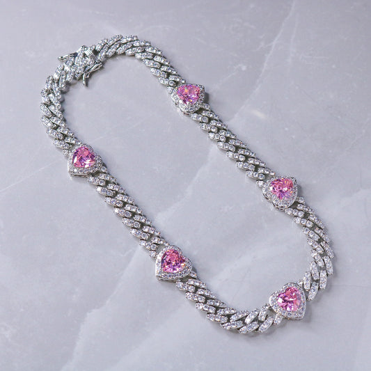 Iced Heart Pink Diamond Cuban Choker Necklace - White Gold
