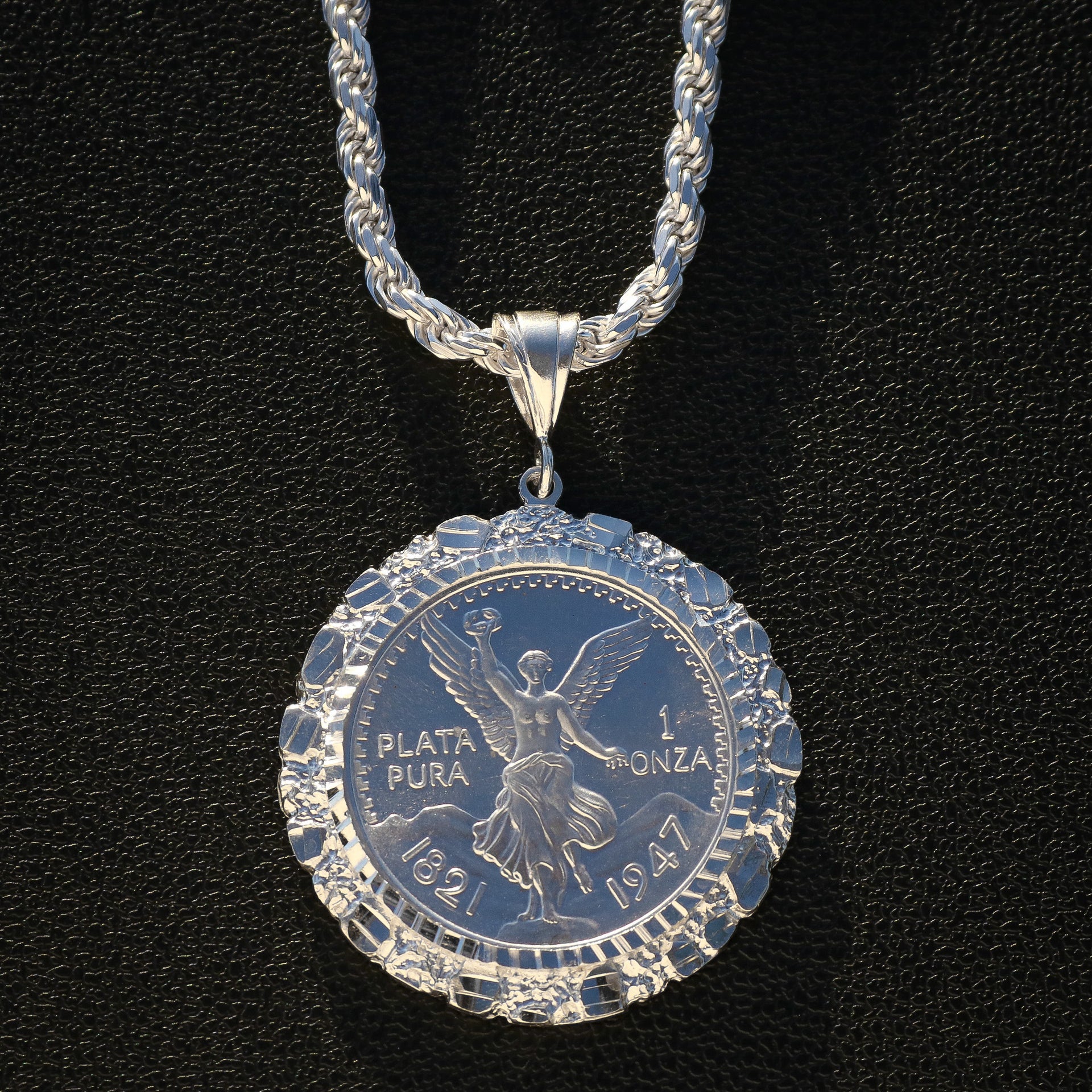 Centenario Mexican Silver Chain Necklace Silver Nugget Bezel