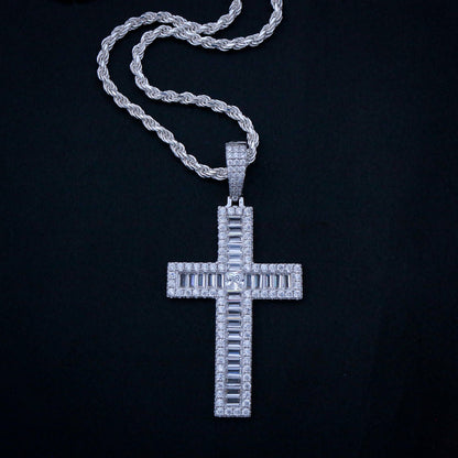 Iced Out Baguette Cross Pendant - Real 925 Silver