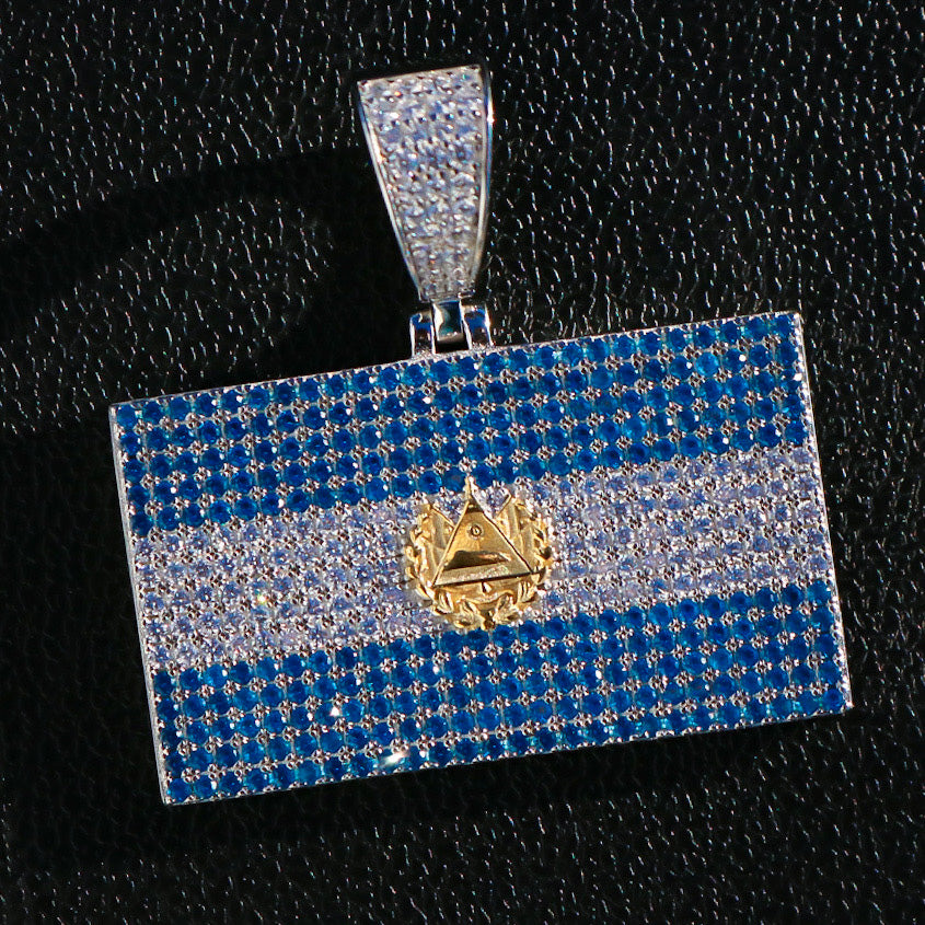 Iced Out El Salvador Flag Pendant - Real 925 Silver