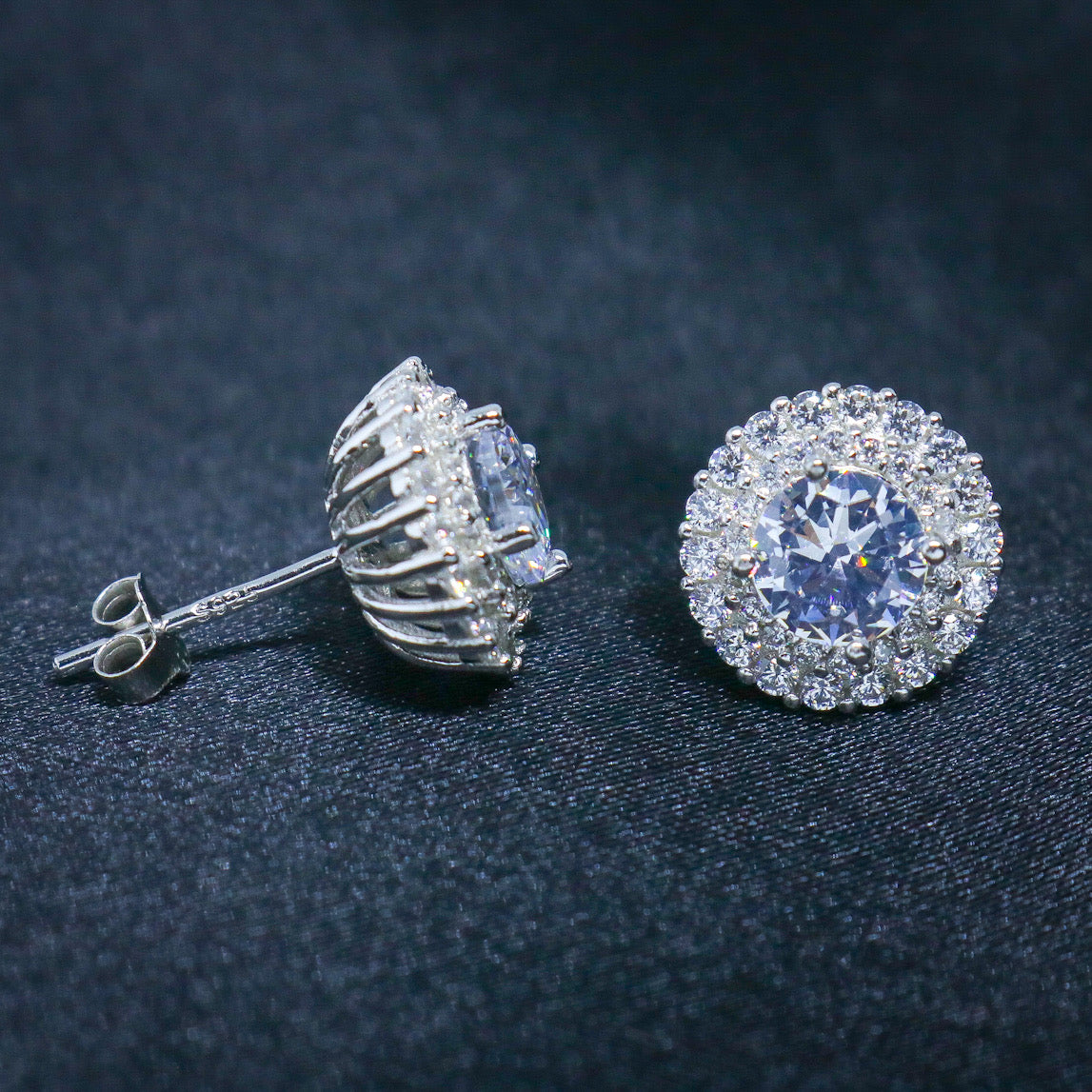 Real 925 Silver - Iced Out Round Diamond Stud Earrings
