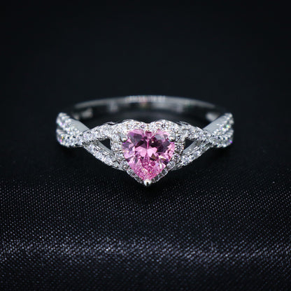 Women's Real 925 Silver - Pink Heart Infinity CZ Diamond Ring