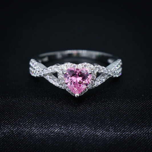 Women's Real 925 Silver - Pink Heart Infinity CZ Diamond Ring