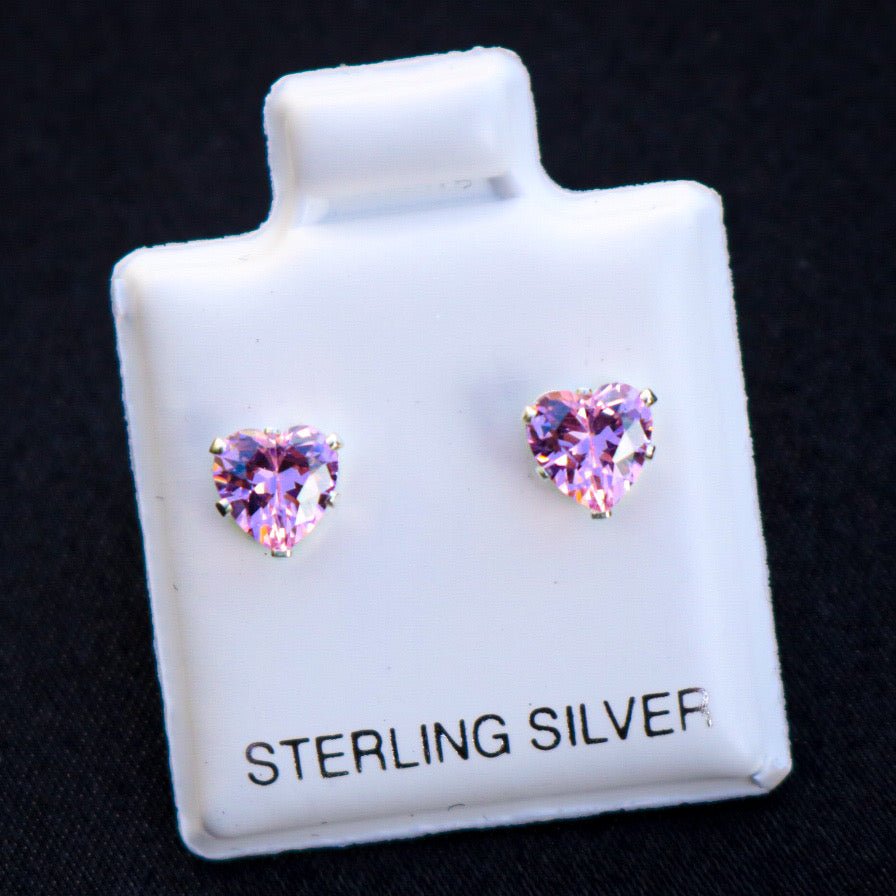 Real 925 Silver - 5mm Pink Heart Cut CZ Diamond Stud Earrings