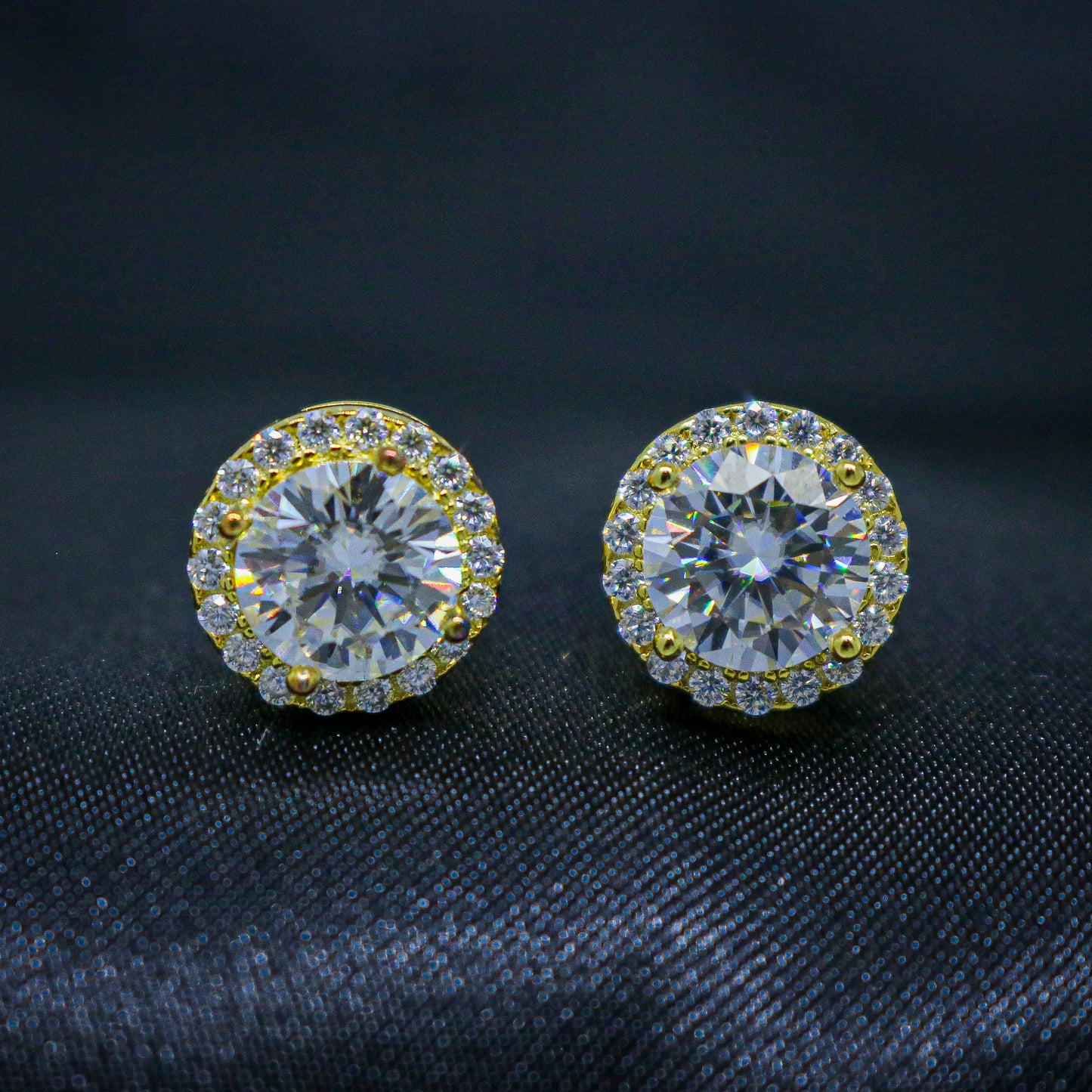 VVS Moissanite Halo 9mm Round Cut Stud Earrings - Gold over 925 Silver