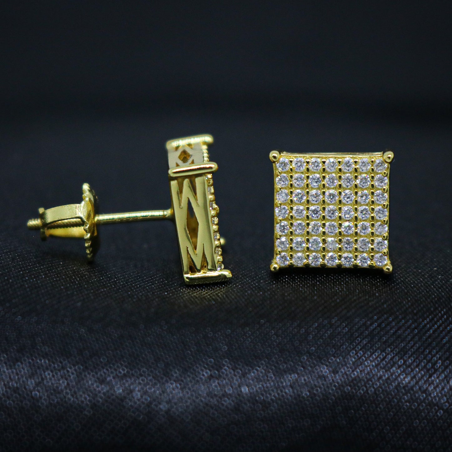 VVS Moissanite 9mm Iced Square Stud Earrings - Gold over 925 Silver