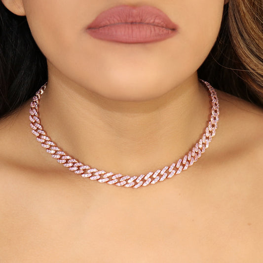 8mm Pink Iced out Cuban Necklace - Rose Gold