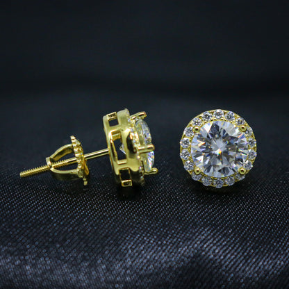 VVS Moissanite Halo 9mm Round Cut Stud Earrings - Gold over 925 Silver