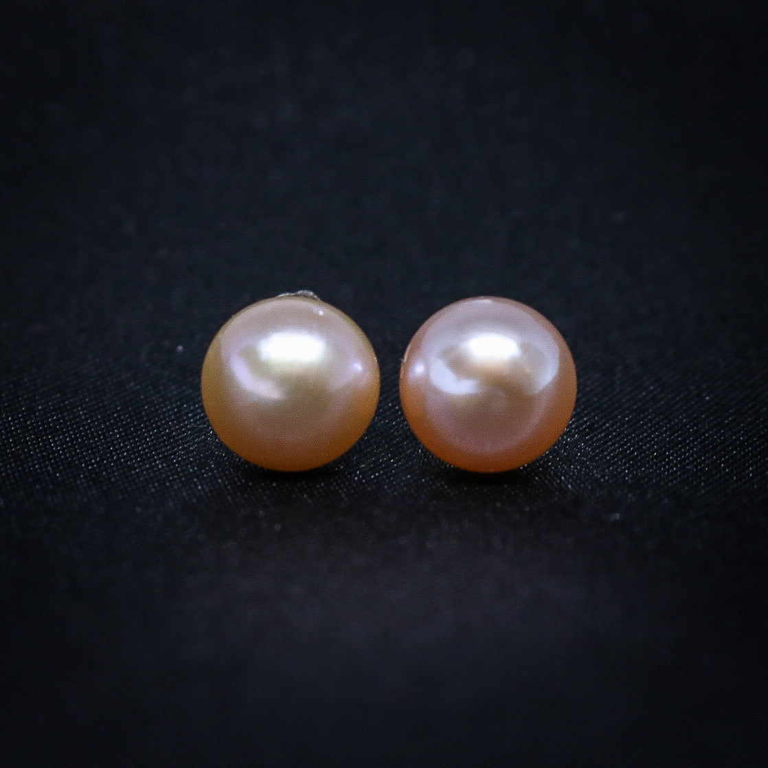 8mm Peach Pink Round Freshwater Pearl Earrings - Real 925 Silver