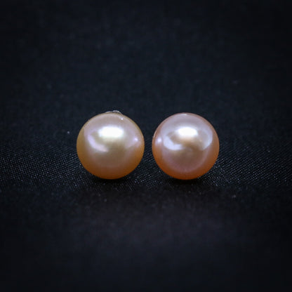 8mm Peach Pink Round Freshwater Pearl Earrings - Real 925 Silver
