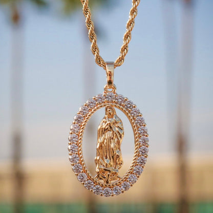 Virgin Mary Oval CZ Necklace - Gold